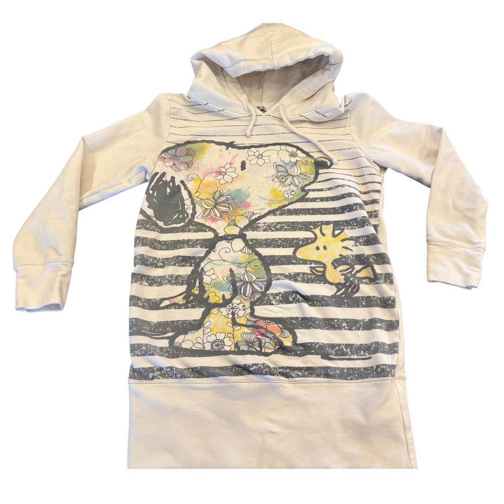Papaya Peanuts Snoopy Woodstock Floral Stripe Hoodie Cream Small